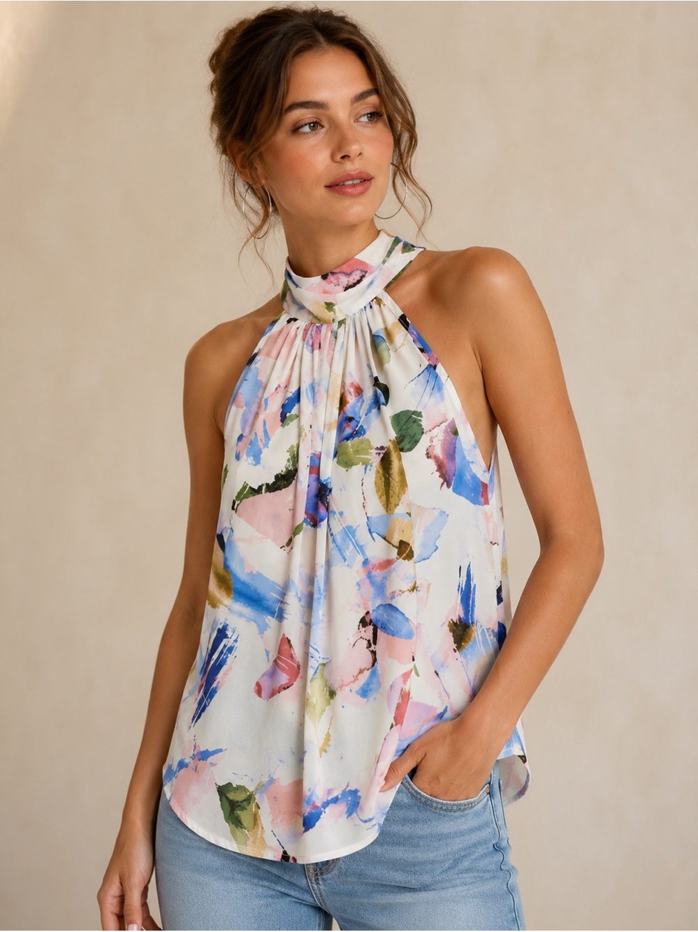 Anthropologie Bishop + Young Watercolor High Neck Handkerchief Top